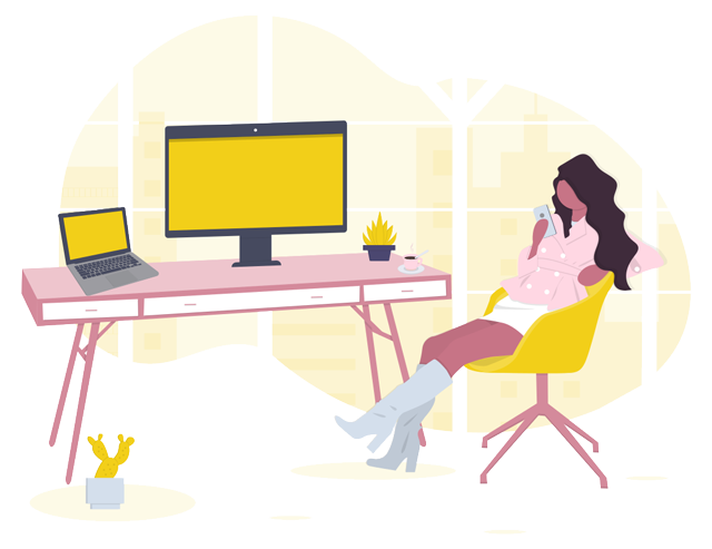 Girl on phone with laptop, screen and desk